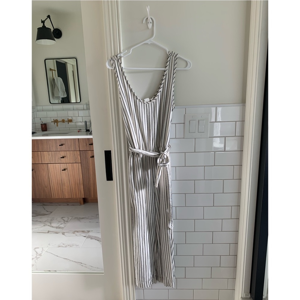 GAP black & white striped, cropped leg jumpsuit.